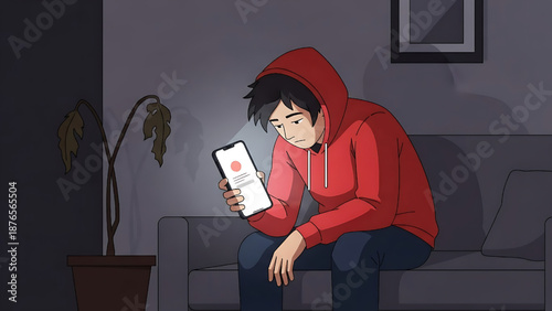 Young man in a red hoodie sits on a couch looking at his phone in a dimly lit room