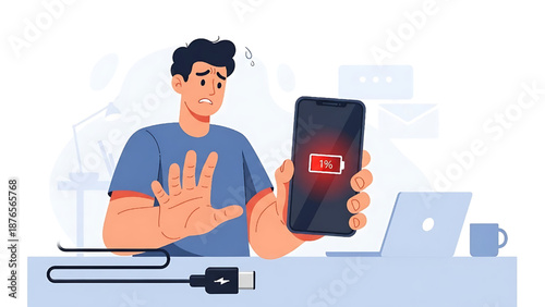 Distressed young man holding a smartphone with a critically low battery indicator, urgently searching for a charging solution for his device in a moment of panic