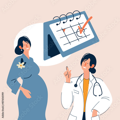 Pregnant woman consulting with female doctor and planning appointment date on calendar. Flat vector illustration of pregnancy care, prenatal checkup, medical consultation, maternity healthcare and fam