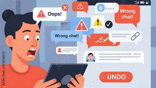 Shocked man experiencing a digital mistake with chat bubbles and an undo button on his tablet