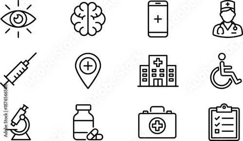 Black and White Line Icons of Medical Services, Healthcare Tools, Accessibility, Telemedicine, and Emergency Support for Clinical Use