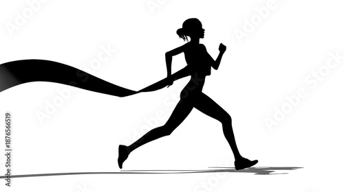 Black silhouette of a female runner crossing the finish line with a ribbon