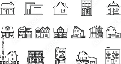 Black and White Line Icons of Residential Buildings, Houses, Apartments, and Urban Architecture Styles for Design and Planning Use
