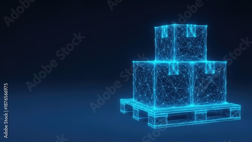 Digital glowing wireframe boxes stacked on a pallet representing futuristic logistics and supply chain management technology with a blue illuminated network design