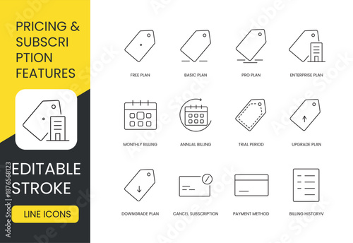 A vector icon set of pricing and subscription features, including plans, billing cycles, trial period, payment options, and account actions, created in line style with editable stroke