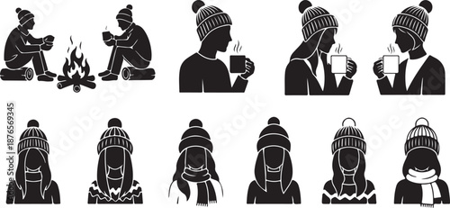 Cozy winter scenes with people drinking hot beverages and wearing beanies and scarves hot drink