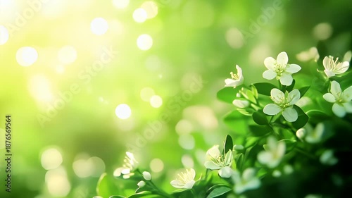 Spring booming. Life. New hope. Season. A closeup of white flowers on a green background with bokeh effects. The flowers are in full bloom, with their petals and leaves illuminated by the sunlight.