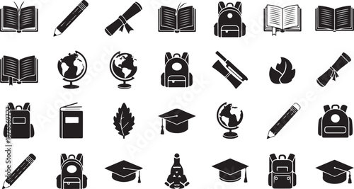 Icons related to education and school including books pencils globes and graduation caps Keywords: education icons school supplies books pencils diplomas graduation caps globes learning knowledge