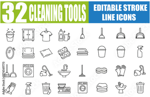Set of 32 Outline Icons Related to Cleaning Tools - Broom, Mop, Vacuum Cleaner, Dustpan, Bucket, Spray Bottle, Cleaning Cloth, Soap, Detergent, Brush, Wipes, Garbage Bag and More - Linear Icon Collect