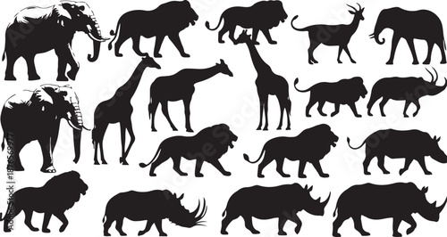 Silhouette collection of African safari animals including elephants lions giraffes and rhinos wildlife