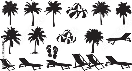 Silhouette collection of palm trees beach chairs and beach balls for a tropical vacation vector illustration