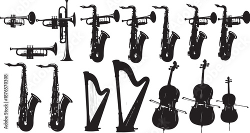 Silhouettes of Brass and String Instruments and Harps on a White Background music trumpet