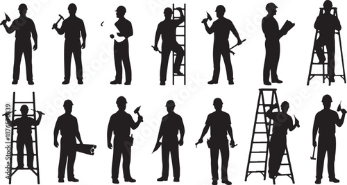 Silhouettes of construction workers and builders with tools and ladders on a white background Keywords: construction worker, builder, architect, laborer, silhouette, man, tools, hammer, ladder