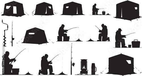 Silhouettes of Ice Fishing Tents and Anglers in Winter vector illustration