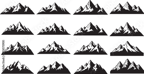 Stylized black and white illustrations of rugged mountain peaks in a grid format Keywords: mountains, mountain, peak, summit, nature, landscape, outdoor, adventure, travel, exploration, wilderness