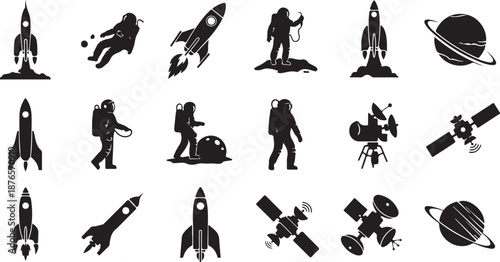 Space exploration icons with rockets astronauts planets and satellites spaceship