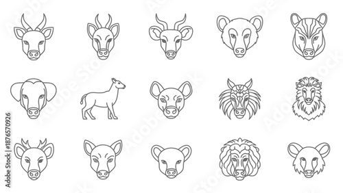 Wild Animal Heads Icon Set, Line Art Vector Illustrations