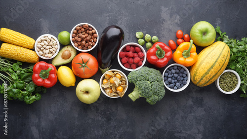 Healthy eating ingredients: fresh vegetables, fruits and superfood. Clean eating and detox. Nutrition, diet, vegan food.