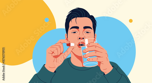 Man prepares to swallow a capsule pill with a glass of water, illustrating daily medication routine or treatment for an illness.