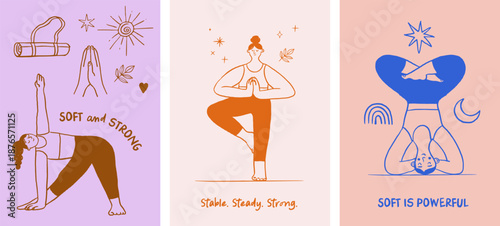 Hand drawn yoga poses posters set with motivational quotes 
