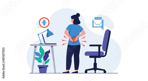 Female office worker standing at her desk feels sharp pain in her lower back due to long hours of sitting and poor posture.