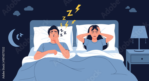 Man snores loudly in bed with lightning bolt icons while the woman next to him covers her ears in frustration.