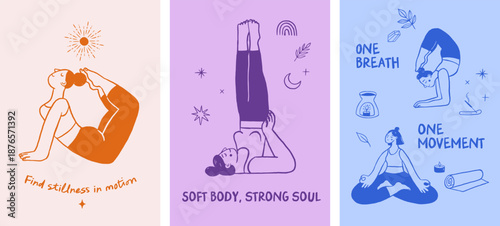 Hand drawn yoga poses posters set with motivational quotes 