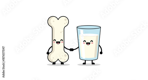 Cute cartoon bone and a glass of fresh milk shake hands to represent the importance of calcium for strong and healthy bones.