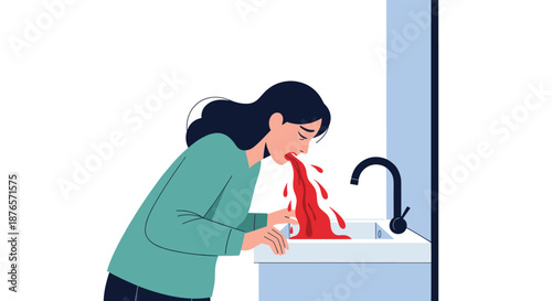 Sick woman leans over a bathroom sink and vomits blood due to a serious medical condition or internal injury.