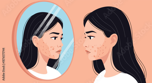 Young woman looks into a round mirror at her profile to examine acne and pimples on her cheek with a sad expression.
