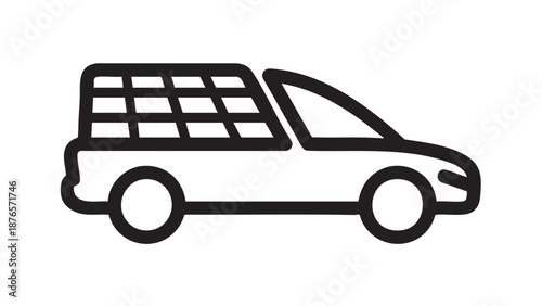 Simple black and white illustration of a van with solar panels on the roof driving forward