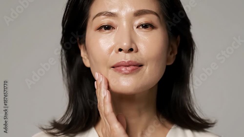 Happy 50s middle aged mature woman touching facial skin looking at camera pampering in mirror. Old healthy dry skin care beauty concept, skincare treatment, cosmetics and anti age plastic surgery.