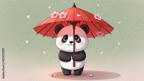 Cute panda holding red umbrella with blossoms