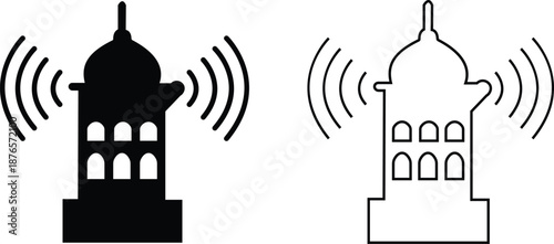 Set of adhan call to prayer icons, collection of islamic mosque and muezzin symbols, group of flat line vector illustrations, add azan, minaret, prayer time, muslim worship, black icon