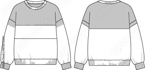 Oversized women's color-block sweatshirt with ribbed crew neck and cuffs, front and back view, fashion flat sketch vector illustration template.