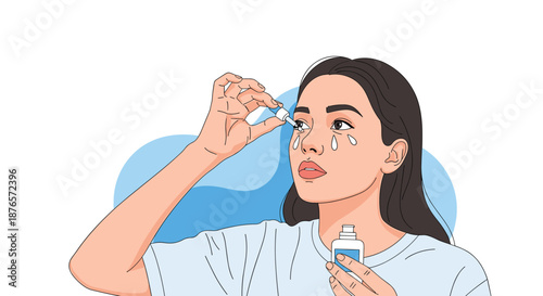 Young woman holds her head back and carefully applies lubricating eye drops to relieve dryness or irritation.