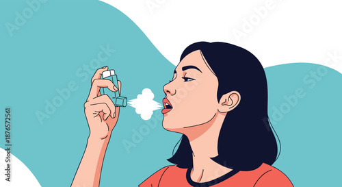 Young woman uses a blue asthma inhaler to deliver medication into her lungs and relieve breathing difficulties.