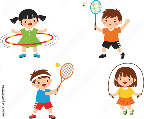 Cute cartoon children playing different sports and activities including hula hoop, badminton, tennis, and jump rope in a fun vector illustration