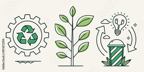 Recycling gear, a growing plant sprout, and an illuminated lightbulb above a biogas digester represent sustainability themes.