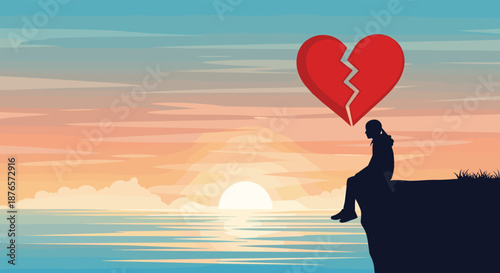 Silhouette of a lonely person sitting on a cliff with a broken heart symbol floating above against sunset sky.