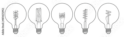 Set of five large round vintage filament light bulbs in black line art, each with a unique filament design, isolated on a white background.