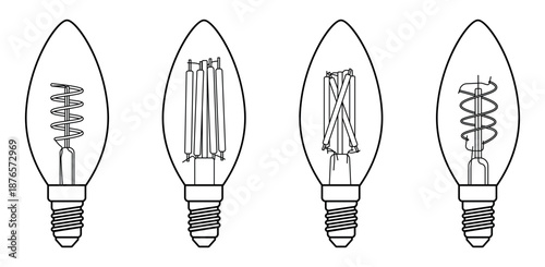 Four narrow, candle-shaped light bulbs in minimalist black line art, each featuring a distinct filament design, isolated on a white background.