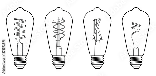 Set of four vintage filament light bulbs in black outline, each with a distinct spiral or linear filament design, isolated on a white background.