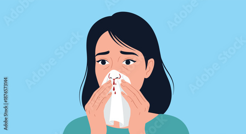 Young woman holding a tissue to her nose while experiencing a nosebleed against a light blue background.