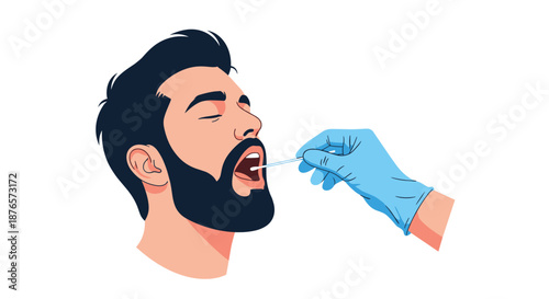 Medical professional in blue glove performing a throat swab test on a bearded man for virus diagnostic.