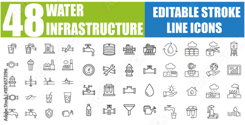 Set of 48 Outline Icons Related to Water Infrastructure - Water Treatment Plant, Pipeline, Pump, Reservoir, Dam, Sewage System, Hydrant, Irrigation, Filtration, Purification and More - Linear Icon Col