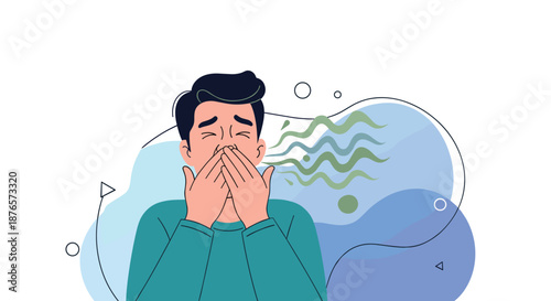 Man suffering from bad breath or halitosis covering his mouth with both hands in embarrassment and discomfort.