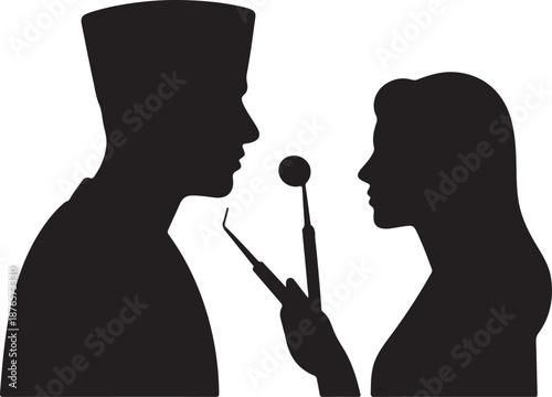 Minimalist Dentist and Patient Silhouette with Dental Examination Tools