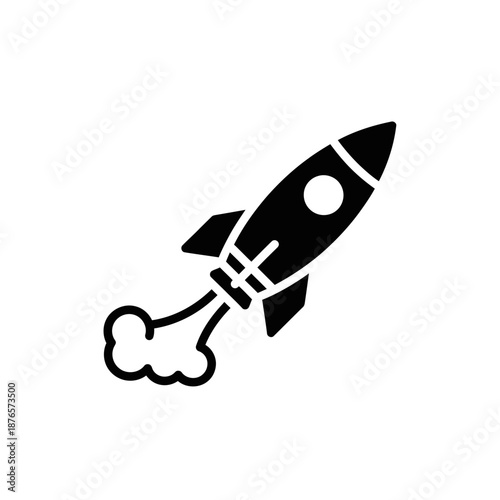 Black rocket ship icon launching with smoke trail, vector illustration