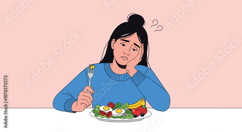 Sad young woman looking at a plate of healthy food with confusion and lack of appetite or eating disorder.